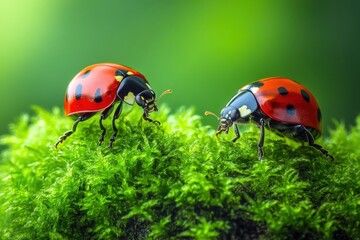 Fototapeta premium Two ladybugs encounter on vibrant green moss, a close-up showcasing intricate details and natural beauty.