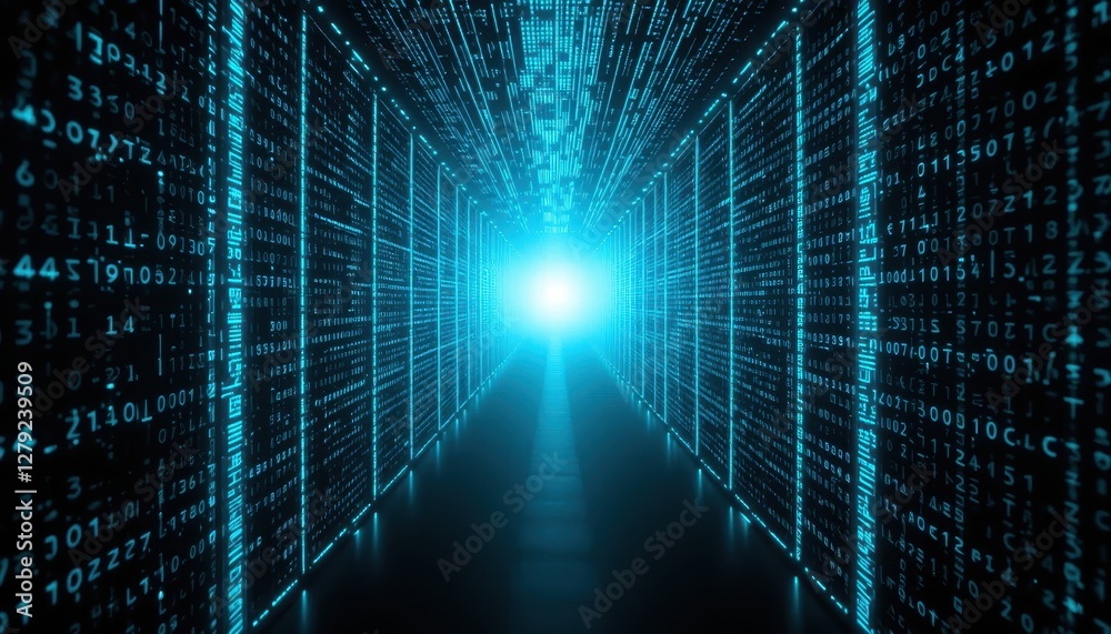 Poster futuristic binary code tunnel with bright light at the end