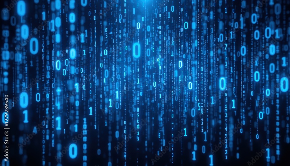 Poster abstract digital matrix with blue binary code falling downward