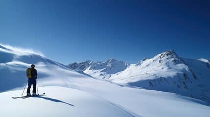 Skier standing on snowy mountain slope, clear blue sky, prepared piste