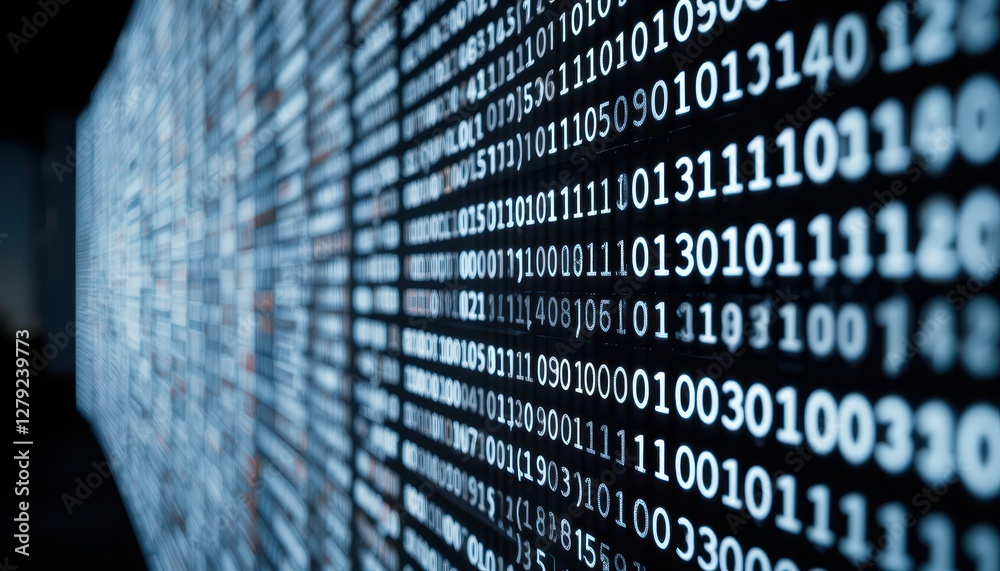 Poster binary code stream on digital display for technology background