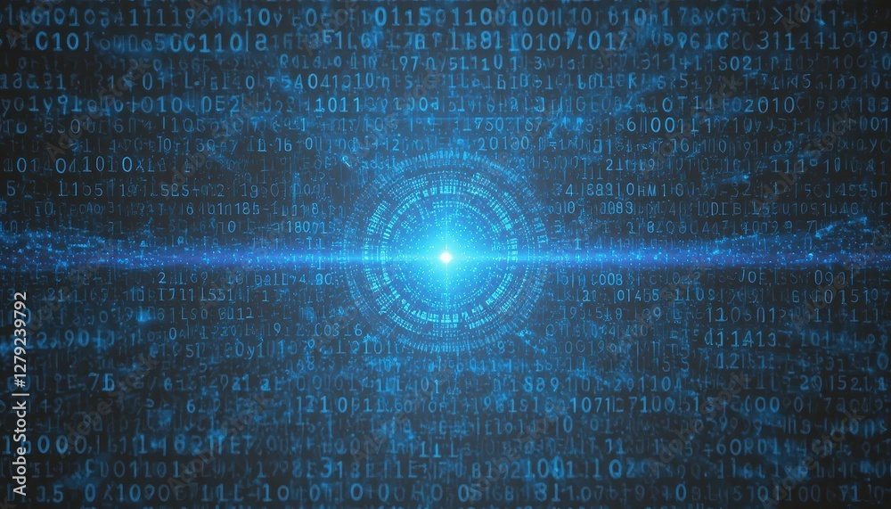 Poster digital abstract blue background with glowing binary code elements