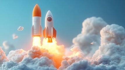 Rocket Launching from Laptop Keyboard, A red and white rocket launching from a laptop keyboard, symbolizing technology and innovation