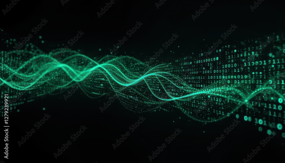 Poster abstract green waves and binary code flowing in dark background