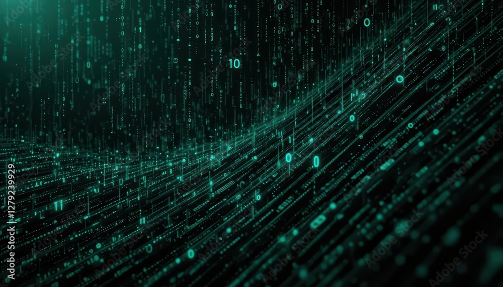 Poster abstract digital data flow with green binary code background
