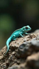 Small turquoise creature resting on ancient boulder, ancient, wild