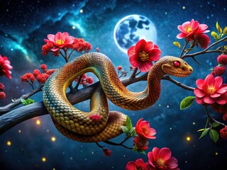 Fototapeta premium Night Serpent Bloom: Snake on Branch with Red Flowers - Dark Nature Photography