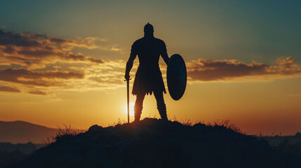 A Silhouette Of An Armed Knight Posing At Sunset