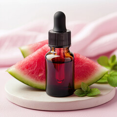 Watermelon seed oil in glass dropper bottle with fresh watermelon slices