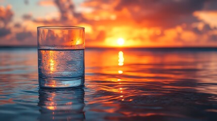 Transparent water glass absorbing the warm hues of a peaceful evening