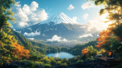 Fototapeta premium Luxurious Bedroom With Breathtaking View of Mount Fuji Framed by Large Window Showcasing Autumn Colors