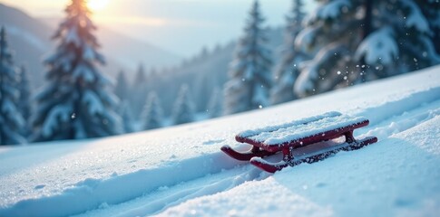 Snowflakes swirl around a sled on a snowy hill, serenity, wintry, icy