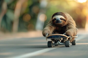 A playful sloth gliding on a skateboard, showcasing a cheerful expression in a vibrant outdoor setting. Slow to Fast Concept, Breaking the Laws of Nature