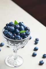 Fresh organic blueberries in a crystal glass on bright background. Creative studio shot with soft light