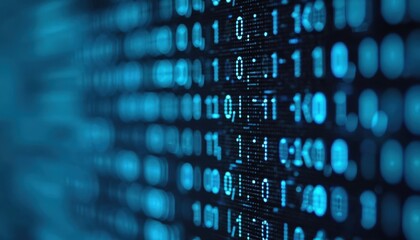 Blue digital binary data code displayed on computer screen. Abstract cyberspace background of electronic numbers, digits, information tech matrix, security network. Online connection via software