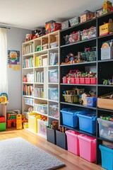 Fototapeta premium Organized storage solutions playroom interior design modern home wide angle efficiency