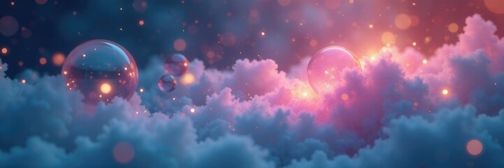 Fototapeta premium Softly glowing orbs float amidst swirling mist, tranquility, serenity