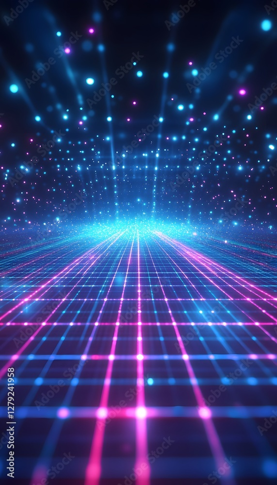 Wall mural digital landscape with grid structure and glowing light particles