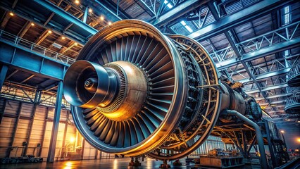Obraz premium Macro jet engine factory: intricate industrial engineering.