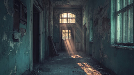 Fototapeta premium Sunlight streams through a deserted hallway in an abandoned building during the day