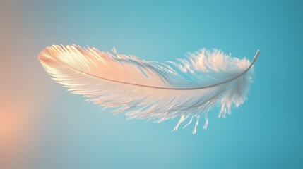Naklejka premium Single white feather caught in midair against a pastel blue sky