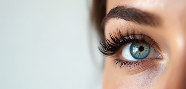 Extreme close-up on woman blue eye with long eyelashes. Eyelash extensions, perfect eyebrow shape, healthy natural skin, flawless skin, youth, fresh glance, wellness, clear look in eyes concept.