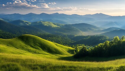 Naklejka premium Lush Green Mountain Valley A Beautiful Landscape with Rolling Hills, Vibrant Green Grass, and Distant Mountains Under a Cloudy Sky