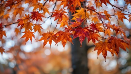 Vibrant Red and Orange Maple Leaves in Autumn Forest Scene