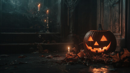 Fototapeta premium Halloween pumpkin with glowing face near stairs and scattered leaves in a dimly lit setting