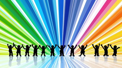 Children celebrating, rainbow background, joy, illustration