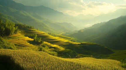 Obraz premium Golden Paddy Fields Scenic High Definition Serene Landscape