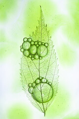 Leaf skeleton on green stained abstract background with soap bubbles. Bioart experiment with still life.