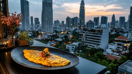 Rooftop culinary experience thai omelette with rice in urban setting