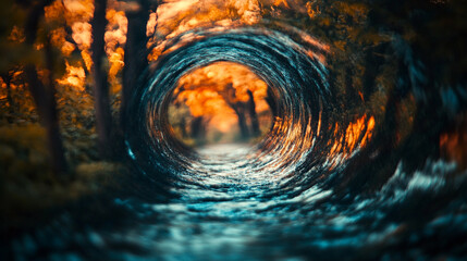 Swirling water tunnel surrounded by autumn foliage in a tranquil forest setting