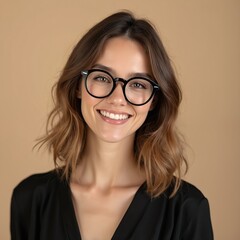 Obraz premium Elegant smiling woman wears round glasses on beige background. Beautiful female model looks happy, stylish. Brown hair, black dress, perfect white smile. Portrait of joyful young adult businesswoman