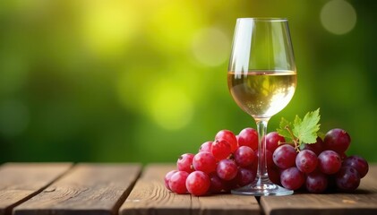 White wine glass with juicy ripe grapes on a wooden table, table, grape