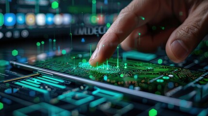 A hand interacts with a futuristic smartphone displaying complex data visualizations and circuit boards.