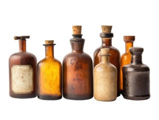 Isolated Variety of Antique Brown Bottles