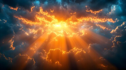 Bright heavenly sunlight breaking through dramatic clouds,symbolizing hope and new beginnings