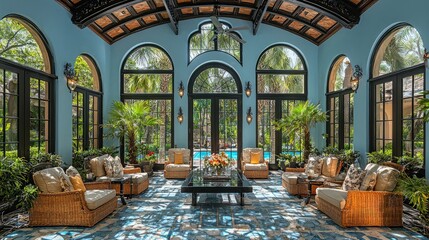 Obraz premium Luxurious sunroom with outdoor view, relaxing atmosphere, possible use for real estate ad or interior design