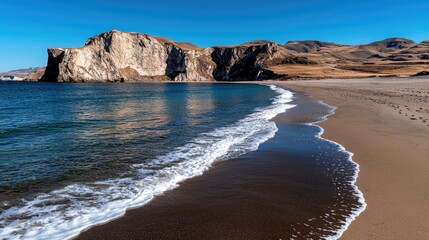 Coastal cliffs, sandy beach, ocean waves, sunny day, travel background