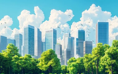 Fototapeta premium Futuristic Urban Skyline Blended With Lush Greenery Under a Clear Blue Sky