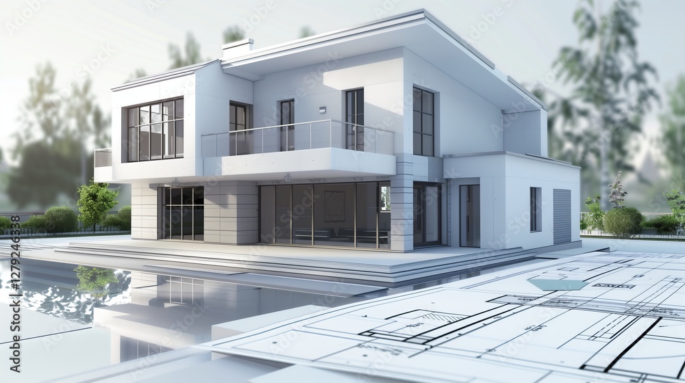 Wall mural 3d rendering project of new building model house on blueprint plan