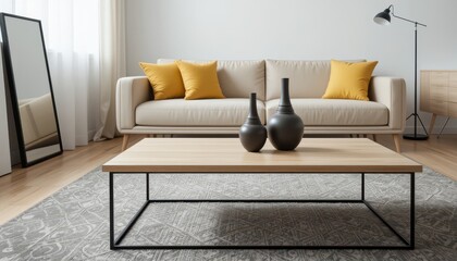 Modern Living Room with Beige Sofa and Decorative Vases