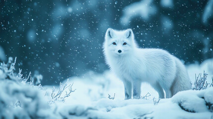 A beautiful snow fox in its natural habitat, hunting for prey to feed itself, a winter fox living in snowy forests with stunning white fur.