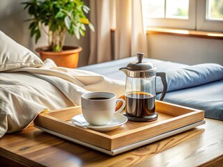 Obraz premium Sunlight streams, coffee brews, quiet contemplation.