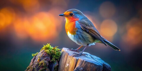 Obraz premium Red Robin Low Light Stump Photography - Night Bird Wildlife Image