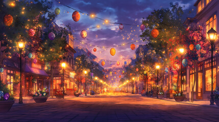 Watercolour painting of cityscape at night.