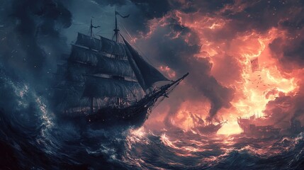 Obraz premium Sailing ship in stormy sea with fiery sky.