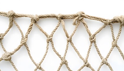 Close up shows knotted rope net on white background